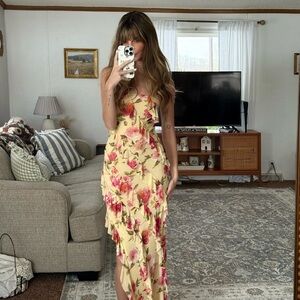 floral ruffle strapless maxi dress